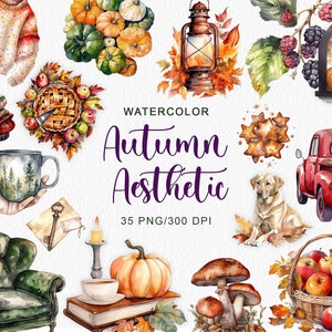 Aquarelle automne esthétique Clipart automne citrouilles Labrador porte Decor hibou camion pommes automne feuilles rétro Home Decor Png numérique