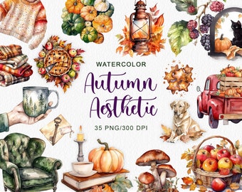 Watercolor Fall Aesthetic Clipart Fall Pumpkins Labrador Door Decor Owl Truck Apples Fall Leaves Retro Home Decor Png Digital