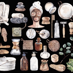 Aquarell Spa Day Clipart: 31 PNG Badelemente, Kosmetika und Entspannungsgrafiken für den kommerziellen Gebrauch Bild 3