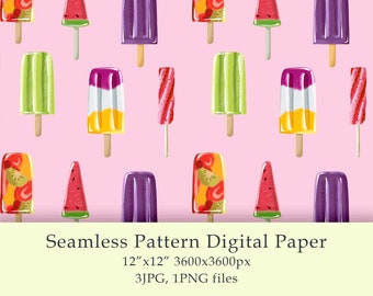 Ice Cream Digital Papers Seamless Patterns Watercolour digital background  Printable fabric pattern Scrapbooking Summertime JPG PNG