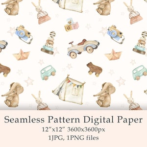 Watercolor Kids Seamless Pattern Digital Paper Boho Baby png Birthday invitation Scrapbook paper Children's toys pattern fabric PNG JPG