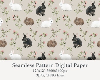 Watercolor Rabbits and Clover Seamless Pattern Digital Paper Birthday Baby Bunny Easter Fabric Textile Farmhouse Decor Garden Design JPG PNG