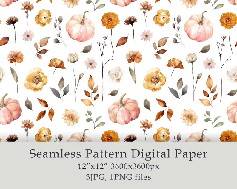 Watercolor Autumn Flowers Seamless Pattern Digital Paper Fabric Textile ...