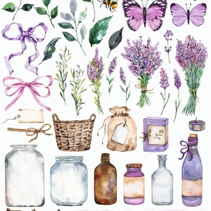 May include: Watercolor illustrations of lavender flowers, roses, butterflies, bees, leaves, jars, bottles, a basket, a bag, a bar of soap, a candle, a wooden frame, and two watercolor backgrounds.