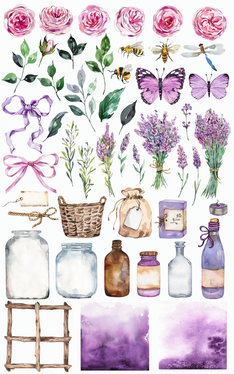 May include: Watercolor illustrations of lavender flowers, roses, butterflies, bees, leaves, jars, bottles, a basket, a bag, a bar of soap, a candle, a wooden frame, and two watercolor backgrounds.