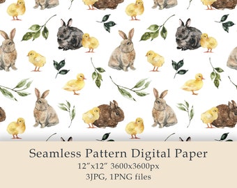 Watercolor Easter Rabbits Seamless Pattern Digital Paper Birthday  Baby Bunny Chickens Fabric Textile Farmhouse Decor Garden Design JPG PNG