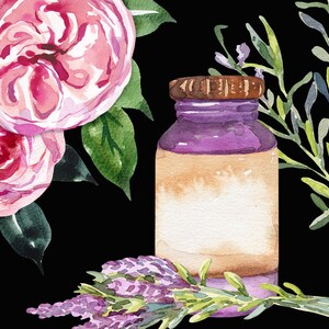 May include: A watercolor painting of a purple glass bottle with a brown lid, surrounded by pink roses, lavender flowers, and green leaves.