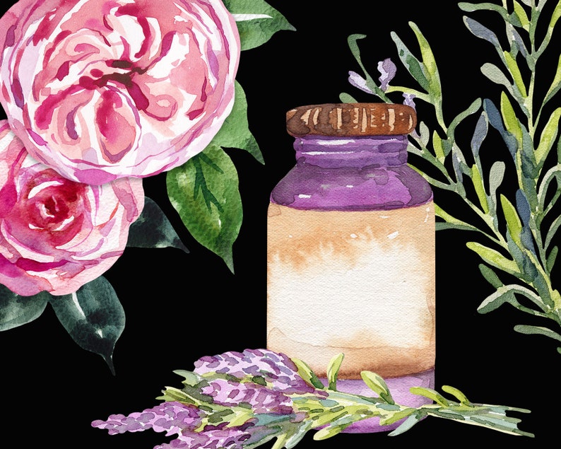 May include: A watercolor painting of a purple glass bottle with a brown lid, surrounded by pink roses, lavender flowers, and green leaves.