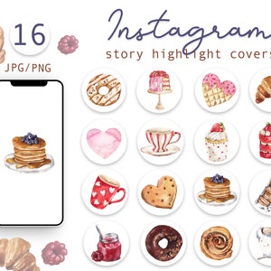 Watercolor Bakery Instagram Highlight Icons Watercolor illustrations Instagram Story Highlight Covers Bakering Blogger Sweets Cupcake Icons