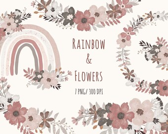 Hand Drawn Rainbow and Flowers Floral Wreath Boho Clipart Spring Summer Clipart Wedding Decor Baby Shower Mothers Day Valentines digital png