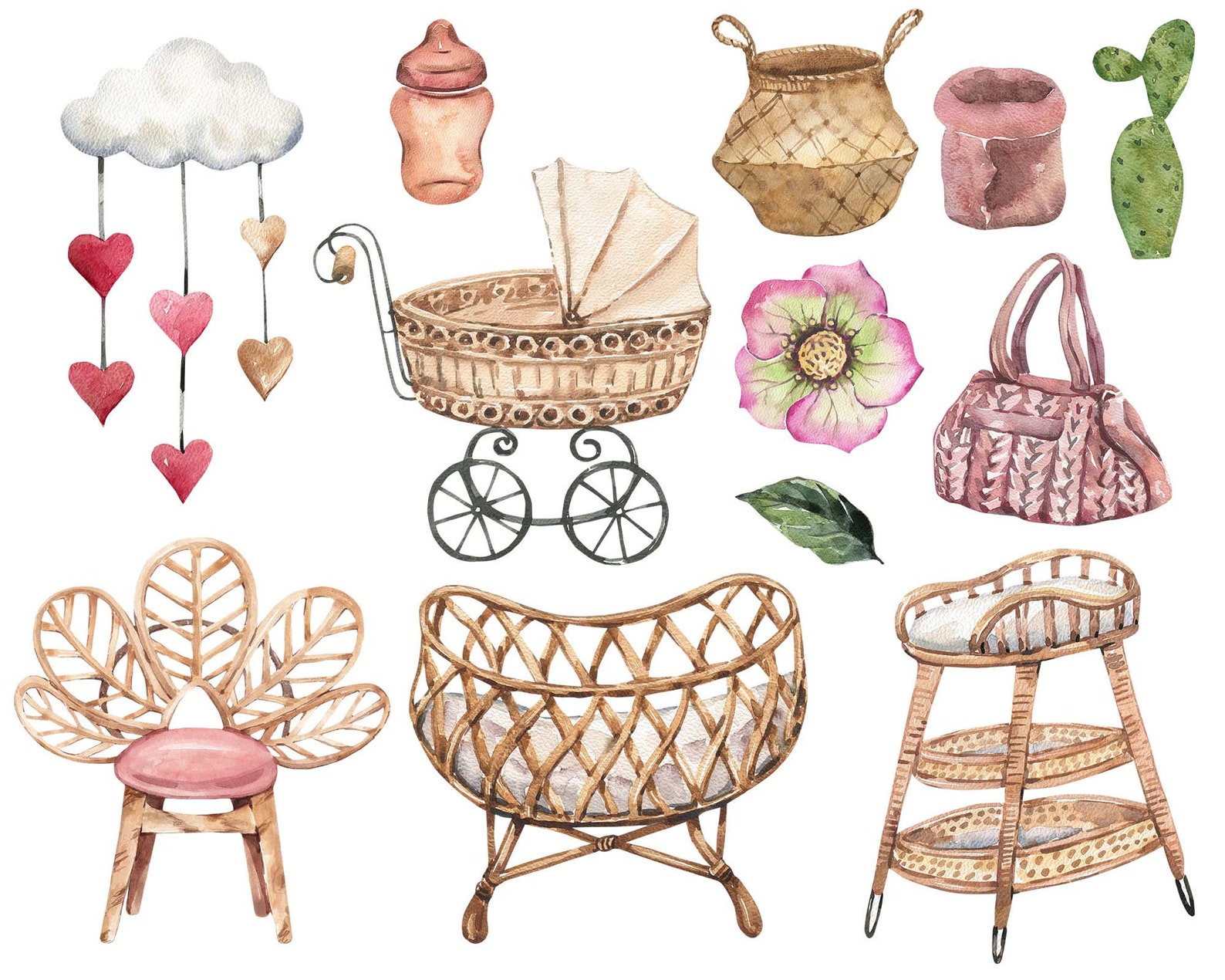 Watercolor Baby Girl Clipart Boho Baby Clothes Toy Clipart Newborn Boy ...