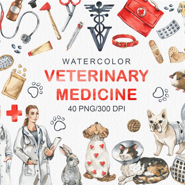 Acuarela Medicina Veterinaria Clipart Médico clip art Doctor Enfermera Conjunto médico Accesorios veterinarios Mascotas planificador digital PNG