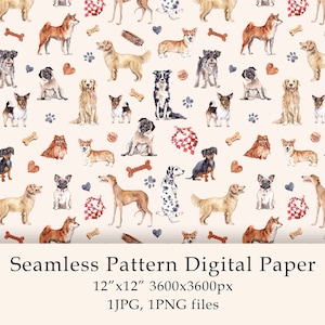 Watercolor Dogs Seamless Pattern Digital Paper Dogs birthday png Cute animals Pets Puppy Farmhouse decor Digital PNG JPG image 1