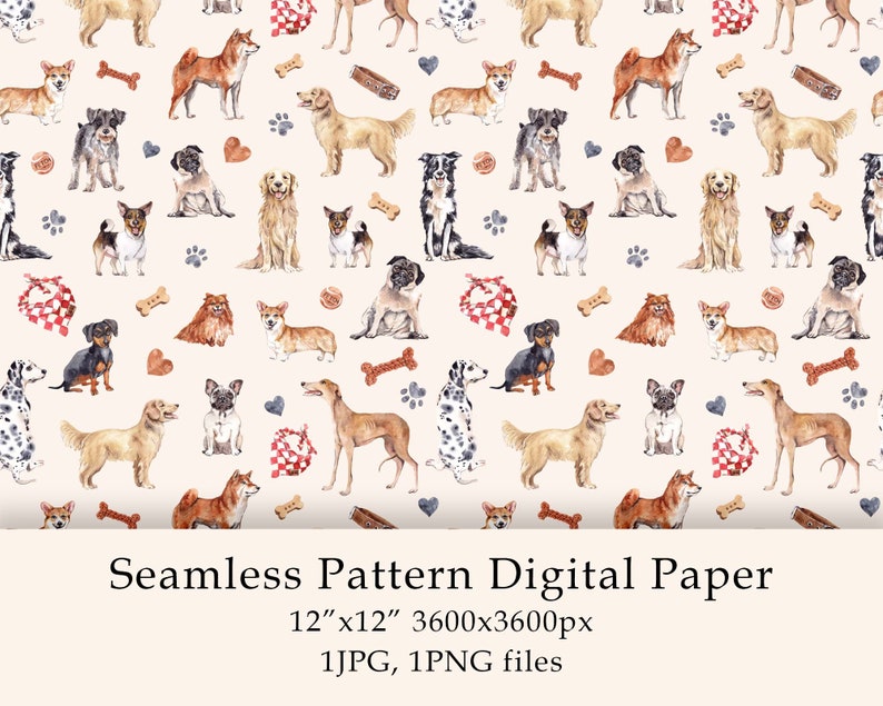 Watercolor Dogs Seamless Pattern Digital Paper Dogs birthday png Cute animals Pets Puppy Farmhouse decor Digital PNG JPG image 1