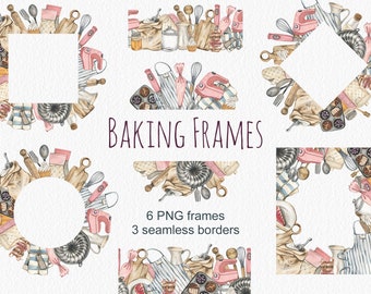 Watercolor Baking Frames, Hand painted Kitchen Clipart, Planner Stickers, Food clipart, Logo Design, Decor digital, Borders, Wreaths, PNG