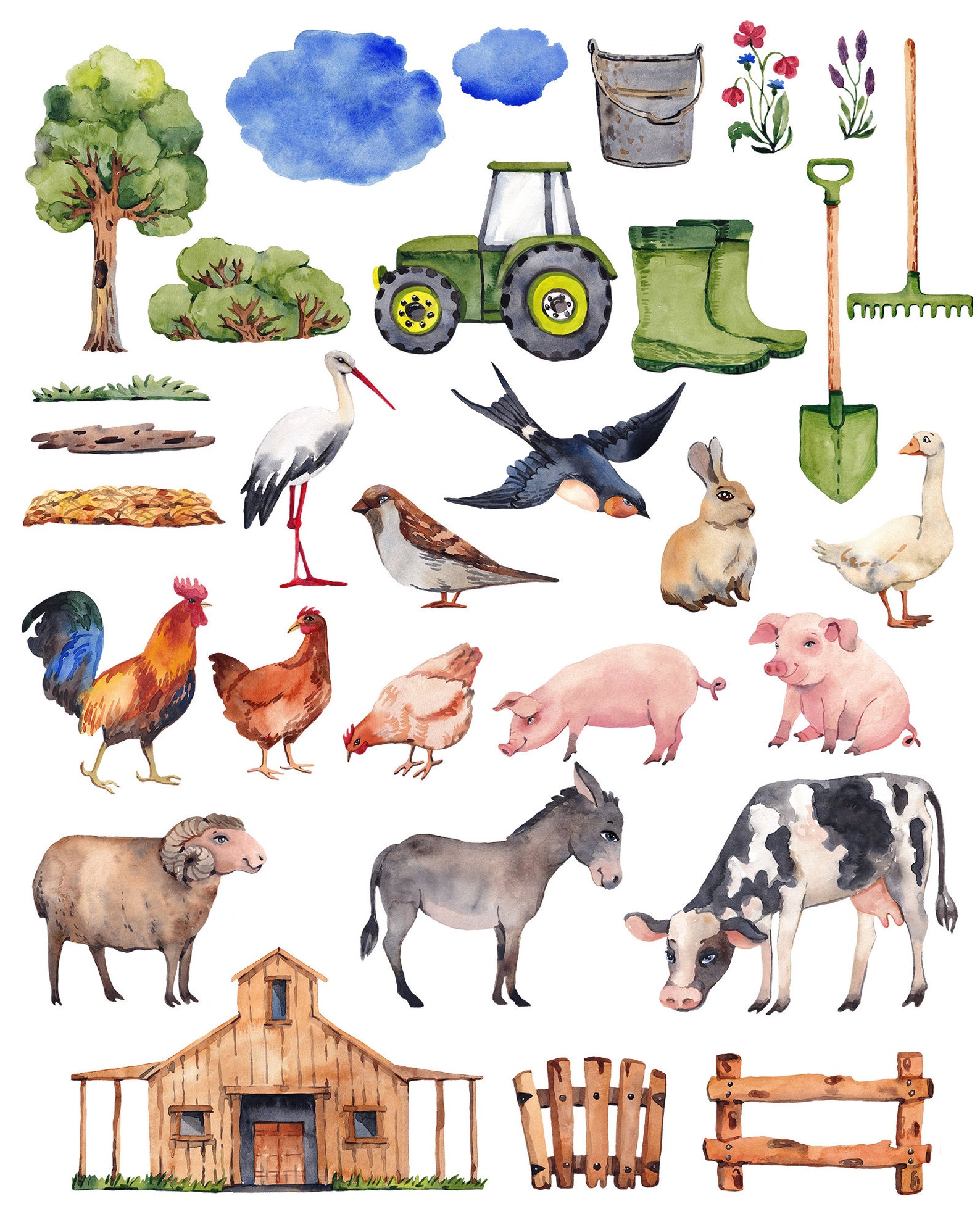 Watercolor Farm Animal Clipart Set (digital Download) - Etsy
