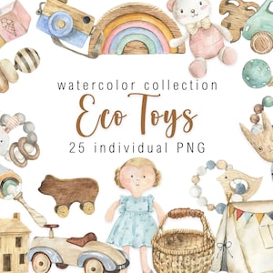 Aquarell Öko Spielzeug Clipart Boho Baby Aquarell Clipart Geburtstag Einladung Clipart Kid es Eco Style Kinderspielzeug digital png