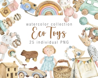 Watercolor Eco Toys Clipart Boho Baby Watercolor clipart Birthday invitation clipart Kid's Eco Style Children's toys digital png