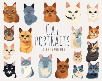Cat portraits clipart Animal collection Cats clipart Pet clipart Cute clipart Pet watercolour Cats portrait Birthday digital download png