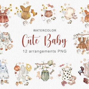 Arrangements de bébé mignon aquarelle Clip art aquarelle invitation d'anniversaire carte enfants Style écologique clipart vêtements pour enfants jouets numérique PNG