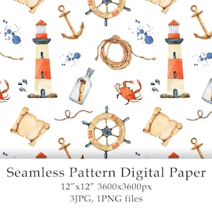 Watercolor Nautical Seamless Pattern Digital Paper Summer Birthday invitation Scrapbook Seascape Nautical pattern fabric PNG