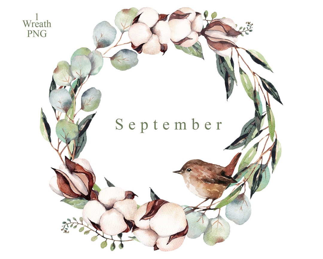 Watercolor Greenery Wreath Eucalyptus and Cotton Frame Boho Clipart ...