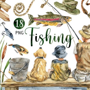 Watercolor Fishing Clipart Fish PNG People Clip Art Animals Hand Painted Clip Art Father's Day Clip Art Set Nature Camping Digital