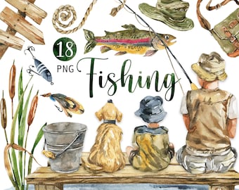 Watercolor Fishing Clipart Fish PNG People Clip Art Animals Hand Painted Clip Art Father's Day Clip Art Set Nature Camping Digital