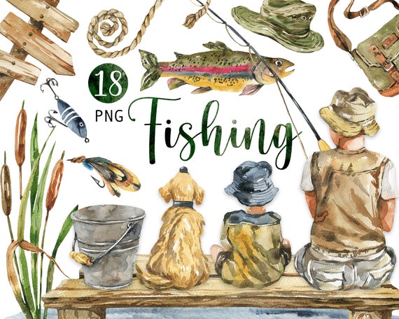 Watercolor Fishing Clipart Fish PNG People Clip Art Animals Hand Painted  Clip Art Father's Day Clip Art Set Nature Camping Digital 