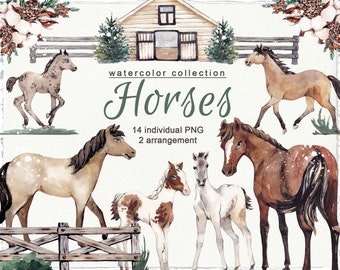 Akvarell häst clipart djurillustration vinterdekoration bondgård inbjudan planerare klistermärken ranch western party clipart digital png
