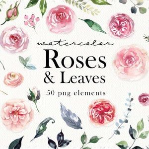 Watercolor Roses & Leaves Clipart Floral Elements Clip art Pink Roses Leaves Plant Wedding invitation Digital Clip art PNG