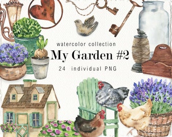 Imágenes prediseñadas de acuarela Mi jardín Decoración de primavera Imágenes prediseñadas de herramientas de jardín Diseño vintage Imágenes prediseñadas de jardinería Jardín de granja Vegetación PNG digital