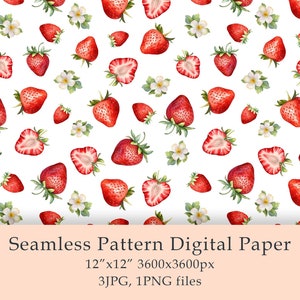 Watercolor Strawberry Seamless Pattern Digital Paper birthday png Sweets fruit Fabric Textile Farmhouse Decor Garden Design Digital JPG PNG image 1