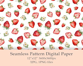 Tela con estampado de fresas en acuarela sin costuras, estilo rústico (Digital JPG PNG)