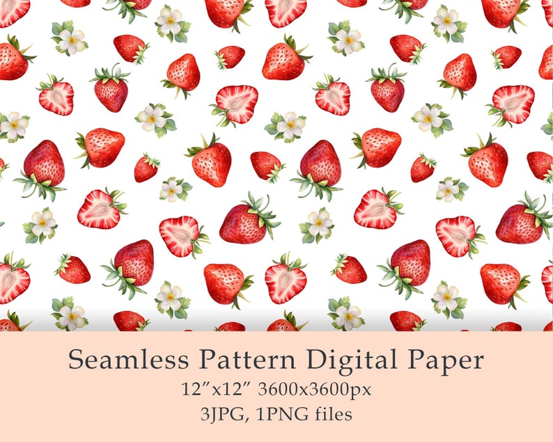 Watercolor Strawberry Seamless Pattern Digital Paper birthday png Sweets fruit Fabric Textile Farmhouse Decor Garden Design Digital JPG PNG image 1