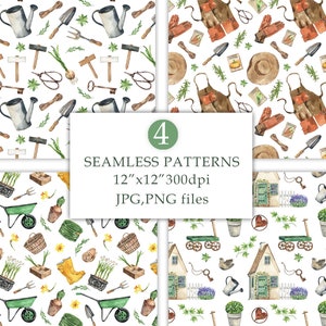 Aquarelle Mon jardin Motif sans couture Papier numérique Anniversaire fête de jardin Mignonne Maison, Outils de jardin, Feuilles Décor de ferme Numérique PNG JPG