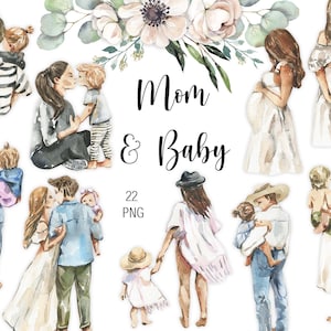 Clipart aquarela mãe e bebê Chá de bebê Mulher grávida menino menina Aquarela floral clipart Dia das Mães Crianças Eco Estilo Clipart PNG digital