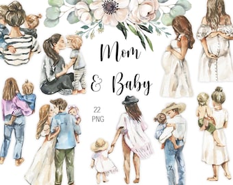 Watercolor Mom and Baby Clipart, Floral PNG (Digital Download)