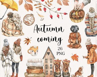 May include: A watercolor illustration of autumn themed clipart. The illustration includes a couple wrapped in a blanket, a house, a mug, a pair of boots, a dog, a basket of mushrooms, a girl with a backpack, a girl in a coat, a girl with a hat, a girl with a hat, a leaf, a wreath with the word "October" embroidered on it, and a yellow umbrella.