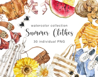 Aquarell Sommer-Mode Outfits Sammlung Essentials Boho Outfits Kleidung Schuhe Kleid Schwimmen Bikini Sommer Blumen Clipart digitale PNG