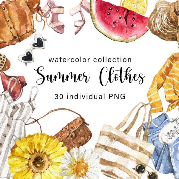 Aquarell Sommer Mode Outfits Kollektion Essentials Boho Outfits Kleidung Schuhe Kleid Schwimmen Bikini Sommer Blumen Clipart digital PNG