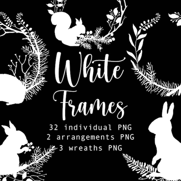 White Frames Wreath Clipart White arrangements Winter wildlife with cute rabbit squirrel hedgehog robin invitation Digital Download PNG