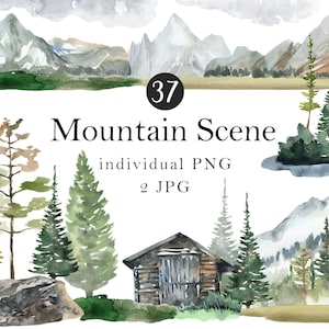 Aquarel Mountain Scene Forest Clipart Woodland pijnbomen Landschappen Mountain digitale clip art Huwelijksuitnodiging Scrapbooking set PNG