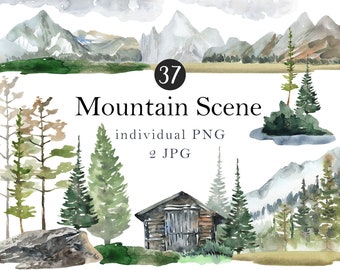 Mountain Clipart Watercolor, Forest Pine Trees PNG, Camping Adventure Clipart, Mountain Landscape Graphics, Nature Invitation Commercial Use