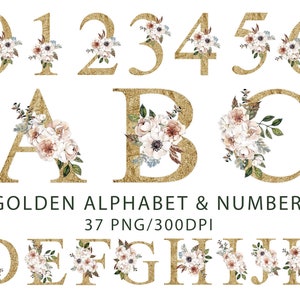 Gouden bloemen alfabet en cijfers aquarel letters en cijfers met rozen anemonen en bladeren Boho groen bruiloft uitnodiging digitale PNG