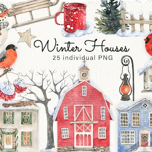 Aquarelle Noël Clipart hiver maisons confortable Clipart arbre de Noël clipart numérique peint à la main décoration téléchargement immédiat png