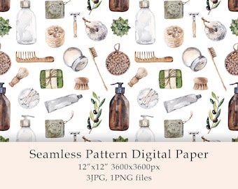Aquarell Digitales Nahtloses Muster Digitales Papier Spa Clipart Aquarell Badezimmer Dinge Clipart Naturkosmetik Bad-Set Download JPG PNG