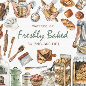 May include: Watercolor illustrations of freshly baked bread, pastries, and bakery supplies.  The illustrations include a loaf of bread, a jar of flour, a rolling pin, a wooden spoon, a pastry brush, a baker's hat, a pizza oven, a bag of flour, a loaf of bread, a pastry board, a knife, a bowl of red berries, a bag of flour, a pastry rack with bread, and a bakery stand with bread.  The text "WATERCOLOR Freshly Baked 36 PNG/300 DPI" is included in the image.
