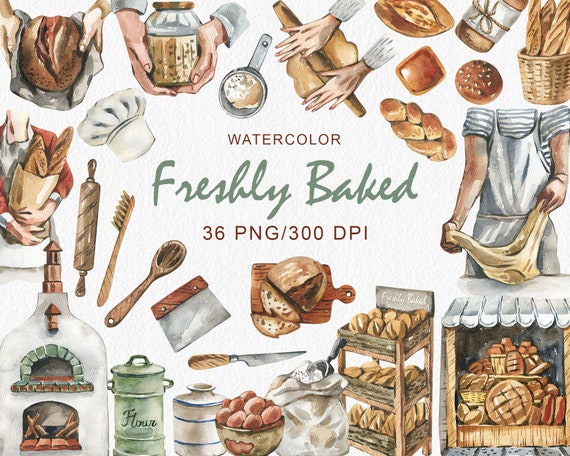 Watercolor Baking Clipart: Bread, Kitchen Tools (Digital Download)