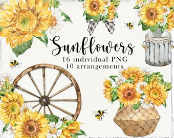 Sunflower clipart watercolor Rustic flowers png Bouquet clipart watercolor flowers png Farmhouse decor rustic country digital